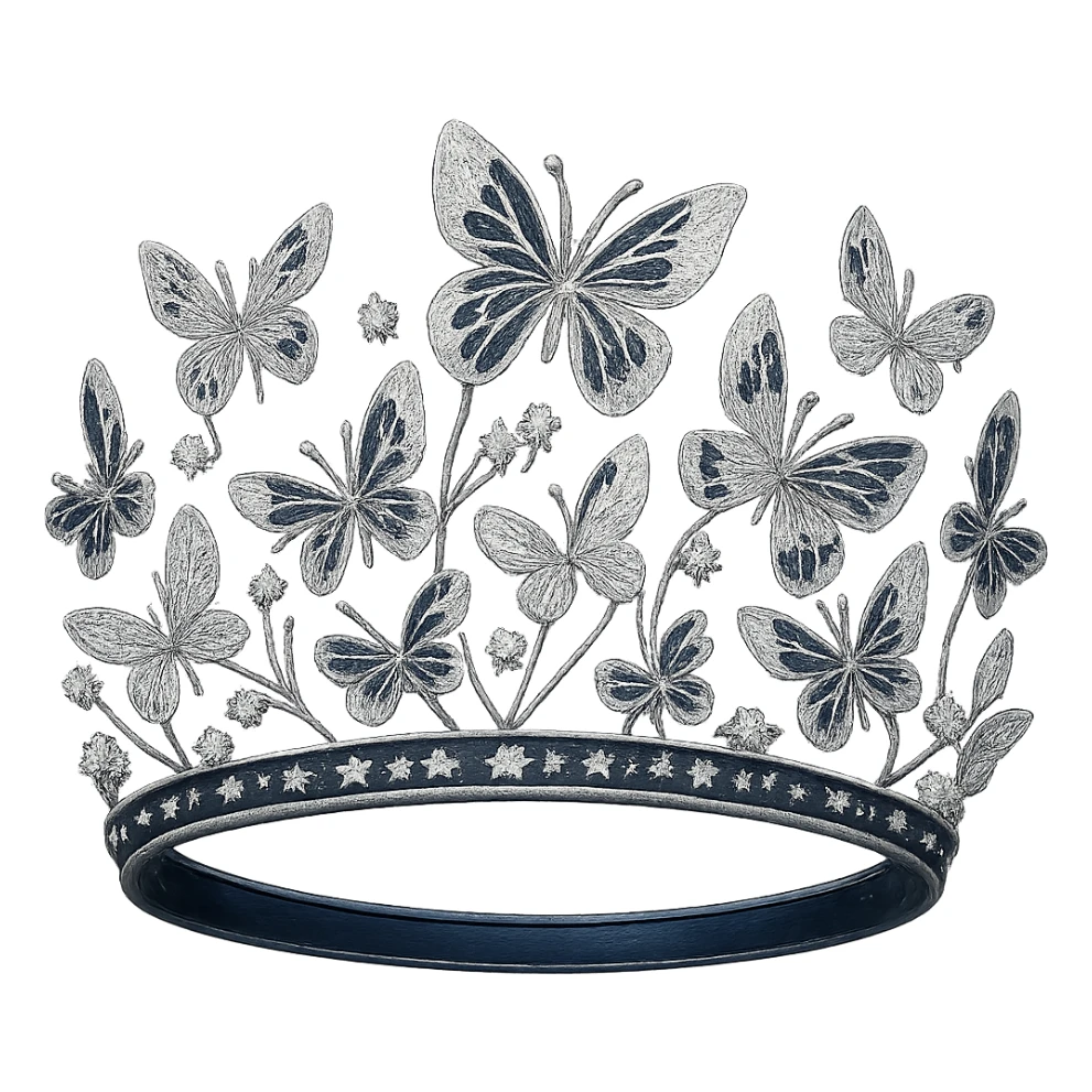 butterfly crown with a midnight blue base, butterflies in silver and navy enamel, sparkling gems, transparent background sticker