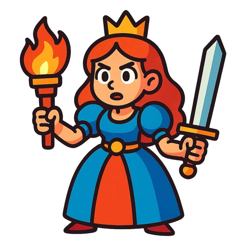 princess with torch and sword, vibrant toon style sticker