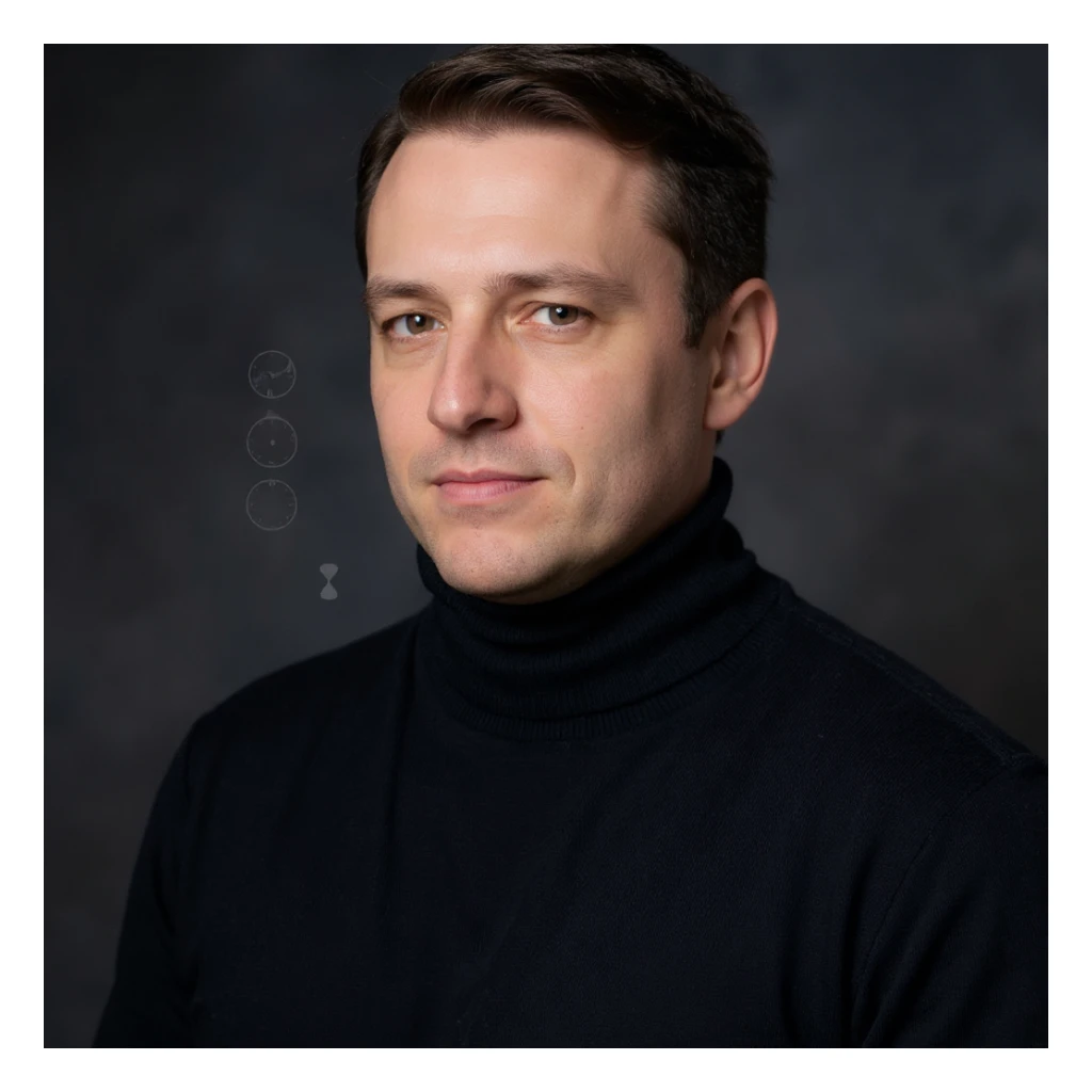 Vertical portrait, only the man's face, realistic style: serene expression, clock or hourglass symbols next to the face representing fasting time, atmosphere of waiting and regeneration. sticker