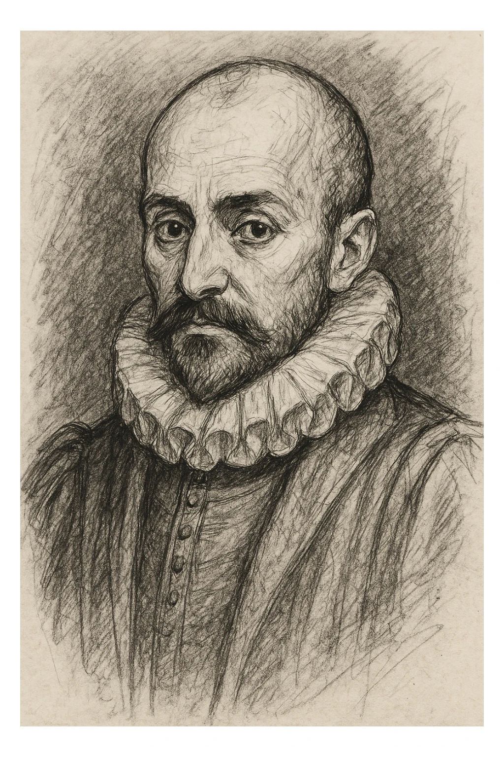 a hand drawn black outline portrait of philosopher Montaigne with similar-sized eyes based a famous portrait of him sticker