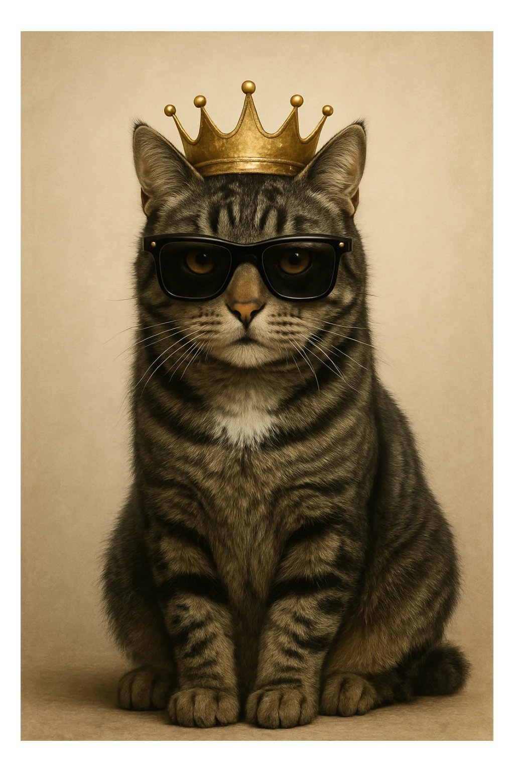 highly realistic digital illustration of a Mackerel tabby cat, dark grey with black stripes, amber eyes, and a white chest patch. The cat sits calmly, slightly forward-facing, with a golden crown and black sunglasses. Lifelike and detailed. sticker