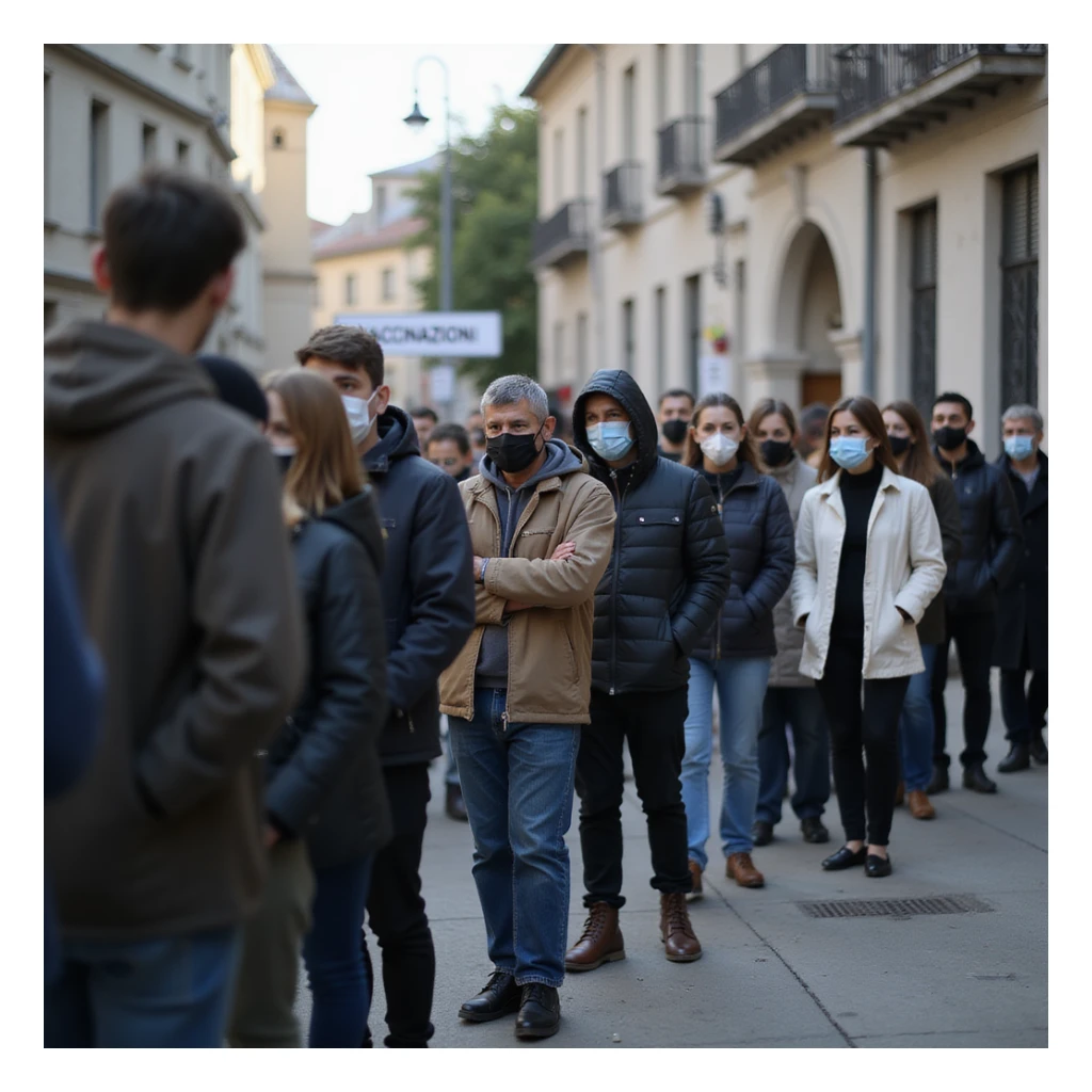 photo-realistic documentary style, diverse group of people in casual clothes in line at a vaccination center, some masked, clear 'Vaccinazioni' sign, urban or suburban, soft light, 4K resolution sticker