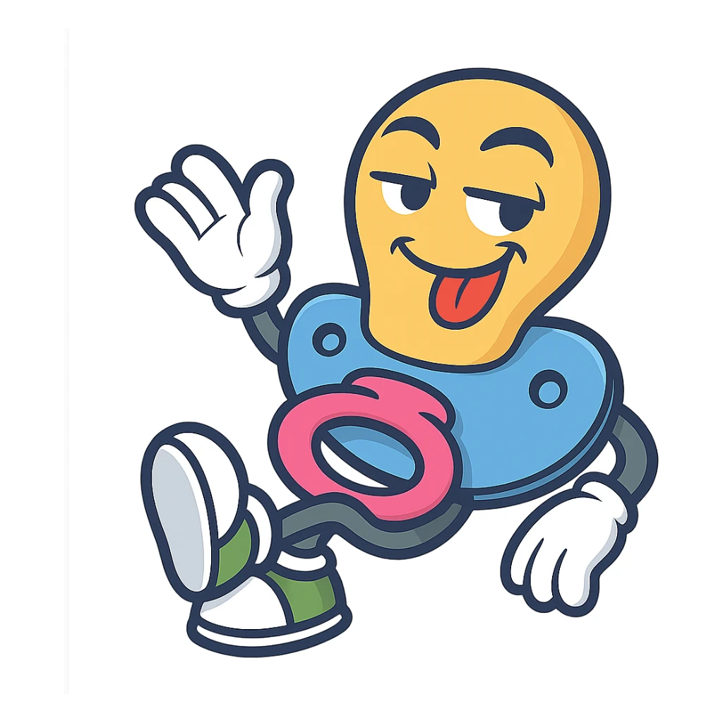 Create the pacifier character leaning back with one leg crossed over the other, relaxed mischievous expression, keeping the same style, colors, and personality as the reference image. Transparent background. sticker