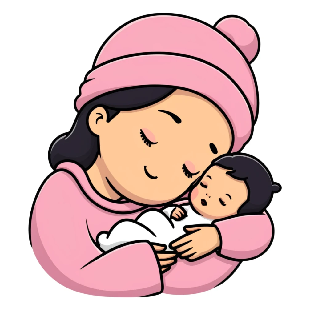 mother tenderly holding sleeping newborn baby wearing pink knit hat sticker