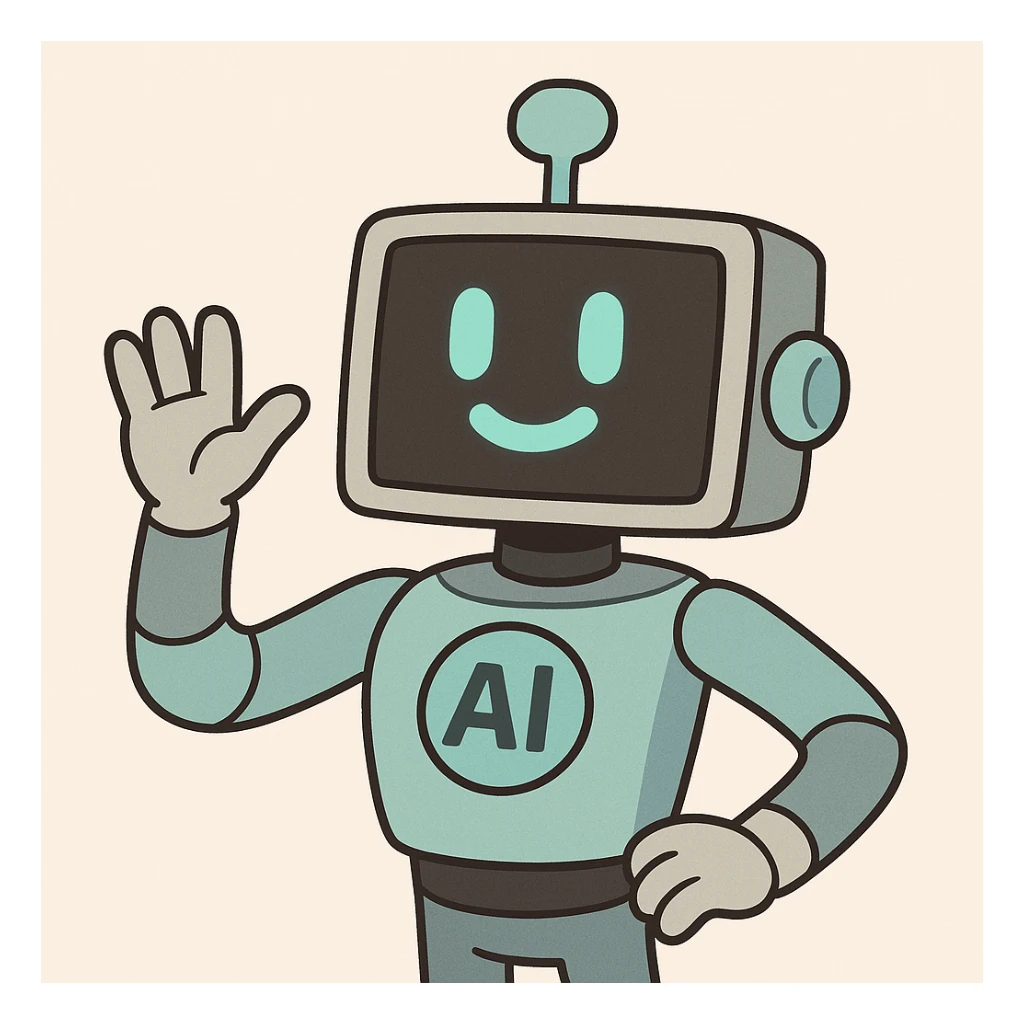 quirky AI assistant waving, cheerful and friendly, suitable for Slack emoji sticker