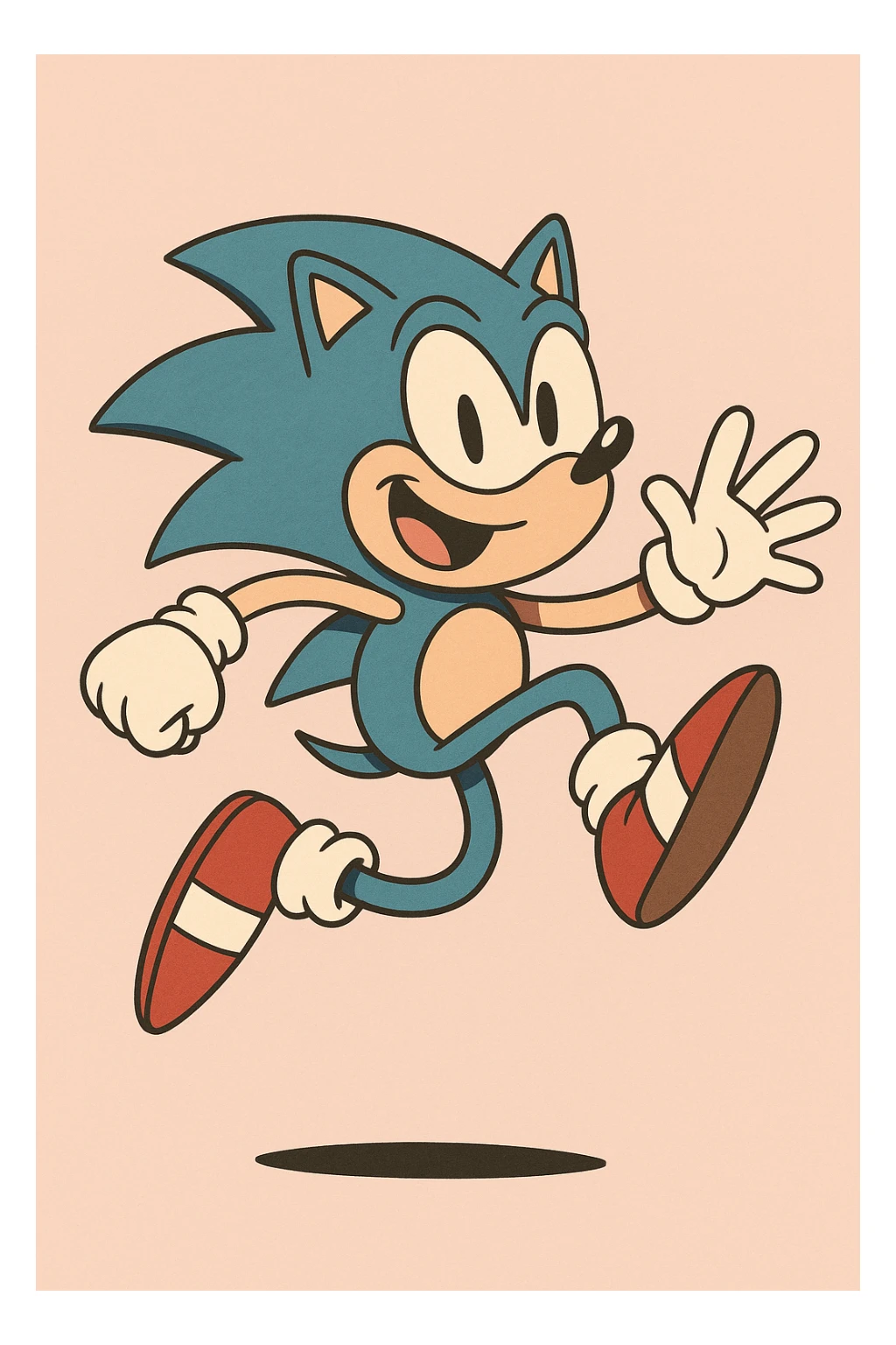 Sonic the Hedgehog, jumping, blue spikes, red shoes, playful, vibrant colors sticker