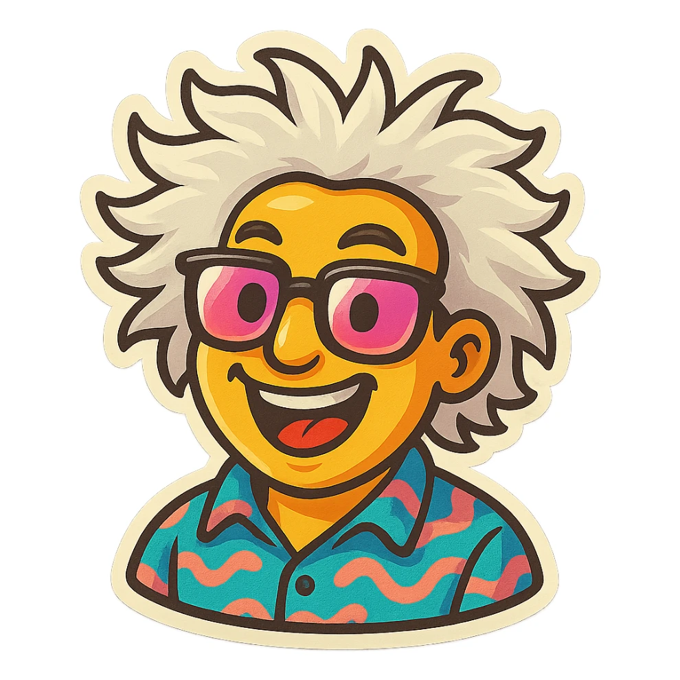 Create an emoji based on this person's appearance, focusing on the wild hair, glasses, and patterned shirt. Use a fun, expressive style suitable for emoji, in a retro stickers style. sticker
