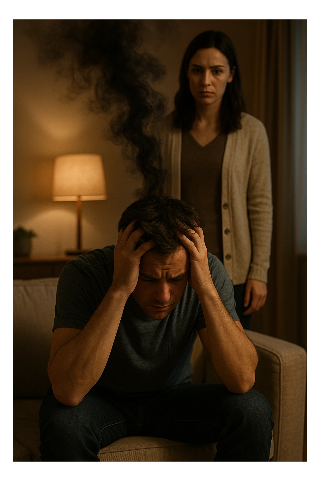 Vertical format: A man sitting with hands in his hair, a woman standing behind him, a visual flow of dark energy passing from him to her, domestic environment. sticker