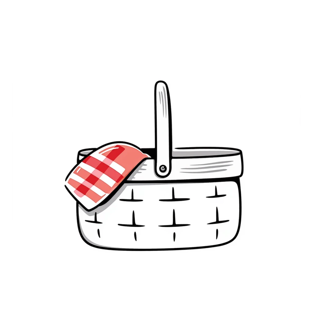 A picnic basket with handle and lid, possibly with some items peeking out, in pastel colors (dd9fb0, ffc6d3, a3bfc9, c4bee2, f1b091), hand-drawn doodle style sticker