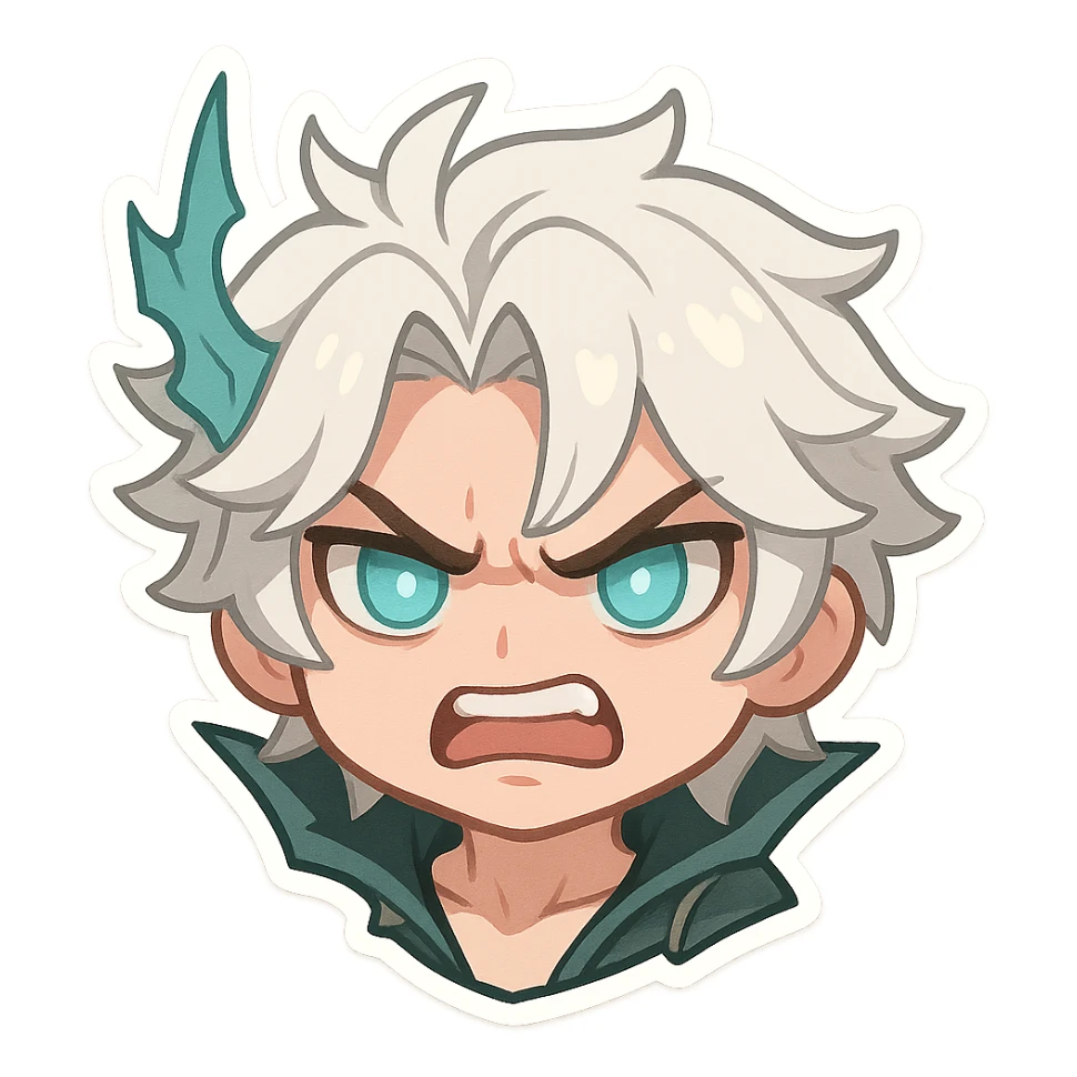 Viego from League of Legends, chibi style emote, only head, angry expression sticker