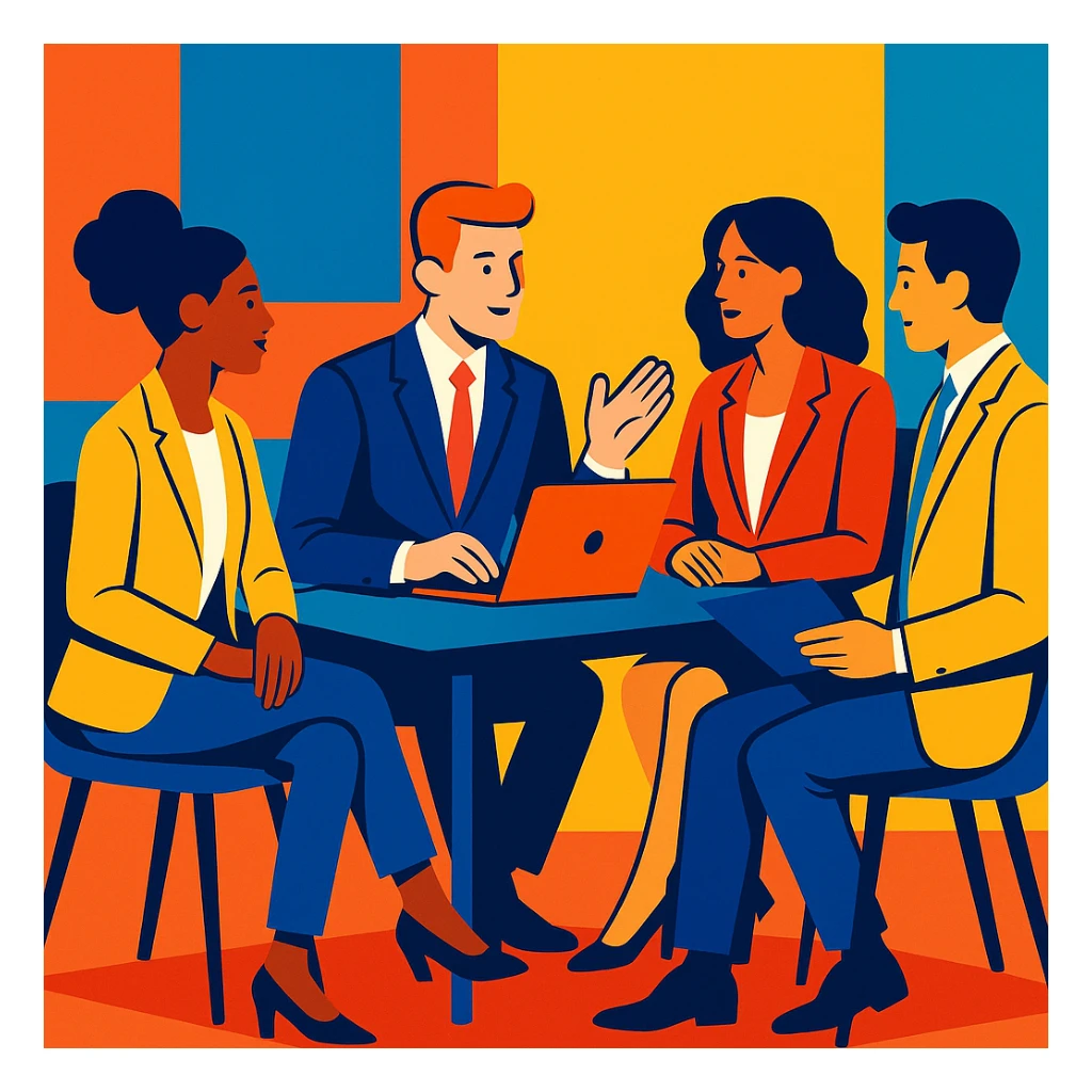 Stylish office team meeting concept with professionals in suits, vibrant colors, and a sleek table sticker