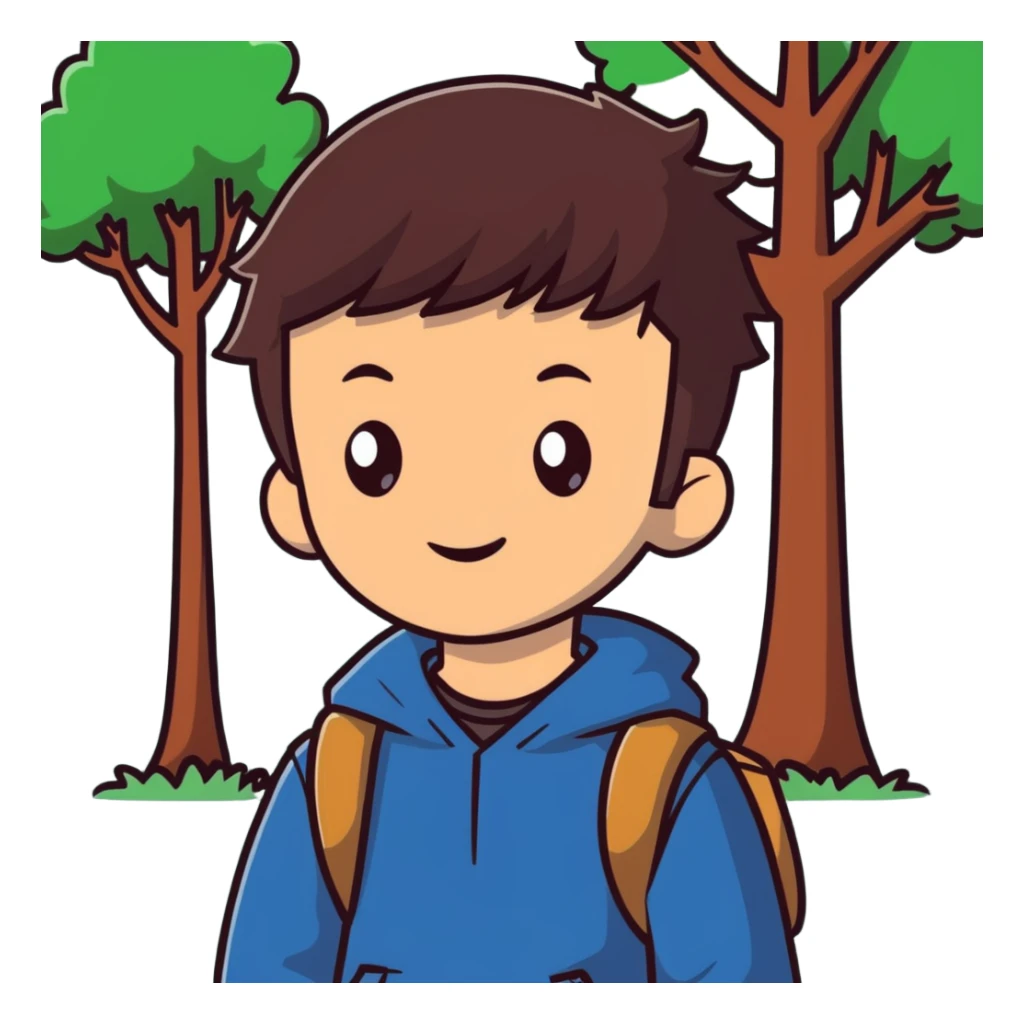 boy with straight brunette hair brown eyes and tree behind sticker