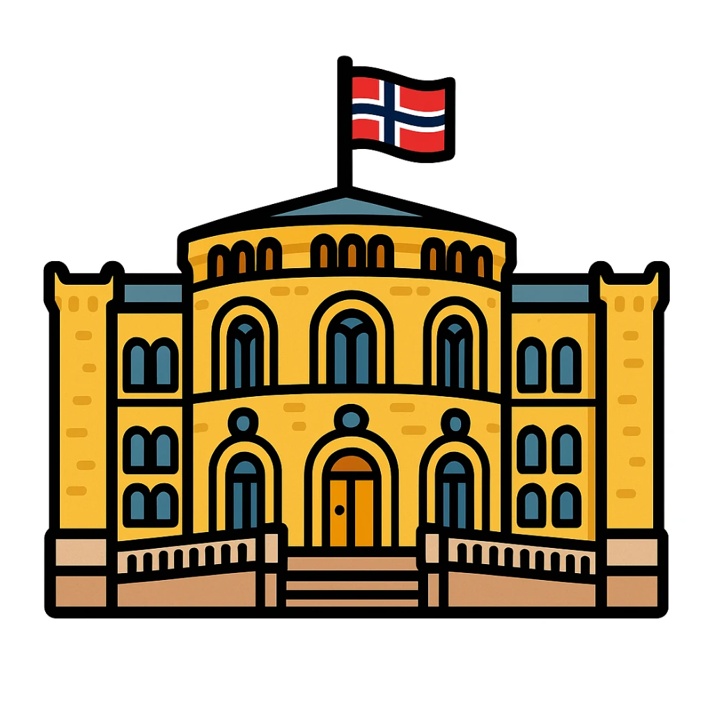 Create another emoji-style illustration of the Norwegian Parliament building (Stortinget) with a yellow brick facade, arched windows, central rotunda, and Norwegian flag on top. The style should be simplified and expressive, capturing the essence of emoji style but with a different interpretation from the original. sticker