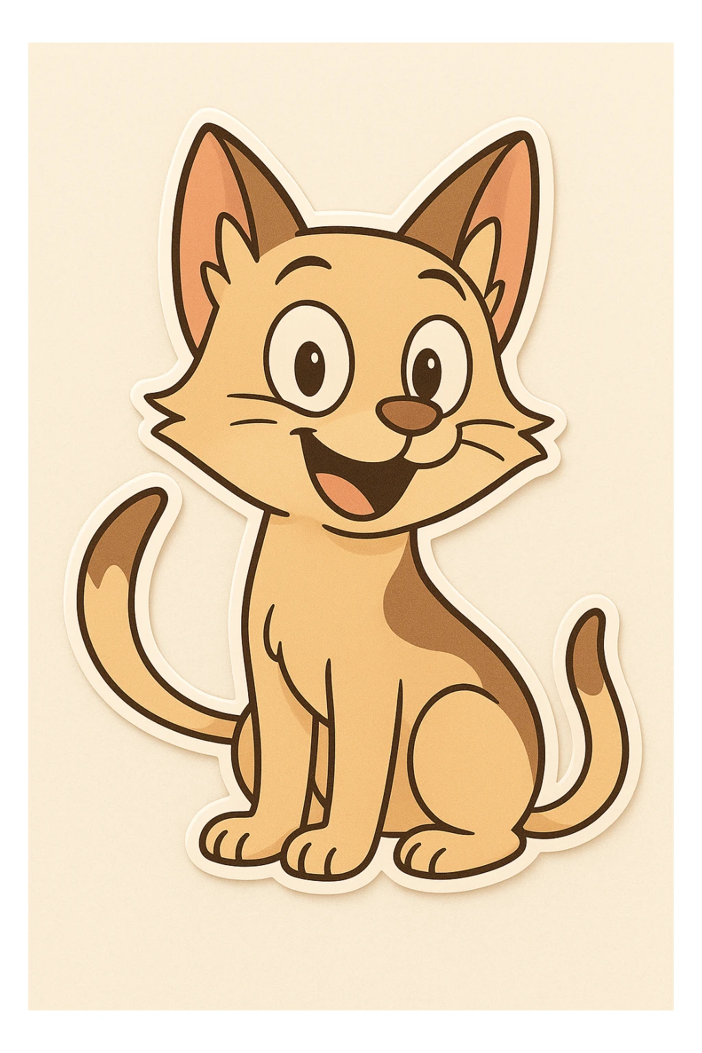 Make this happy dog-cat hybrid look more like a cat, emphasizing feline features such as pointed ears, slender face, and cat-like eyes, while keeping the joyful expression and cartoon style. sticker