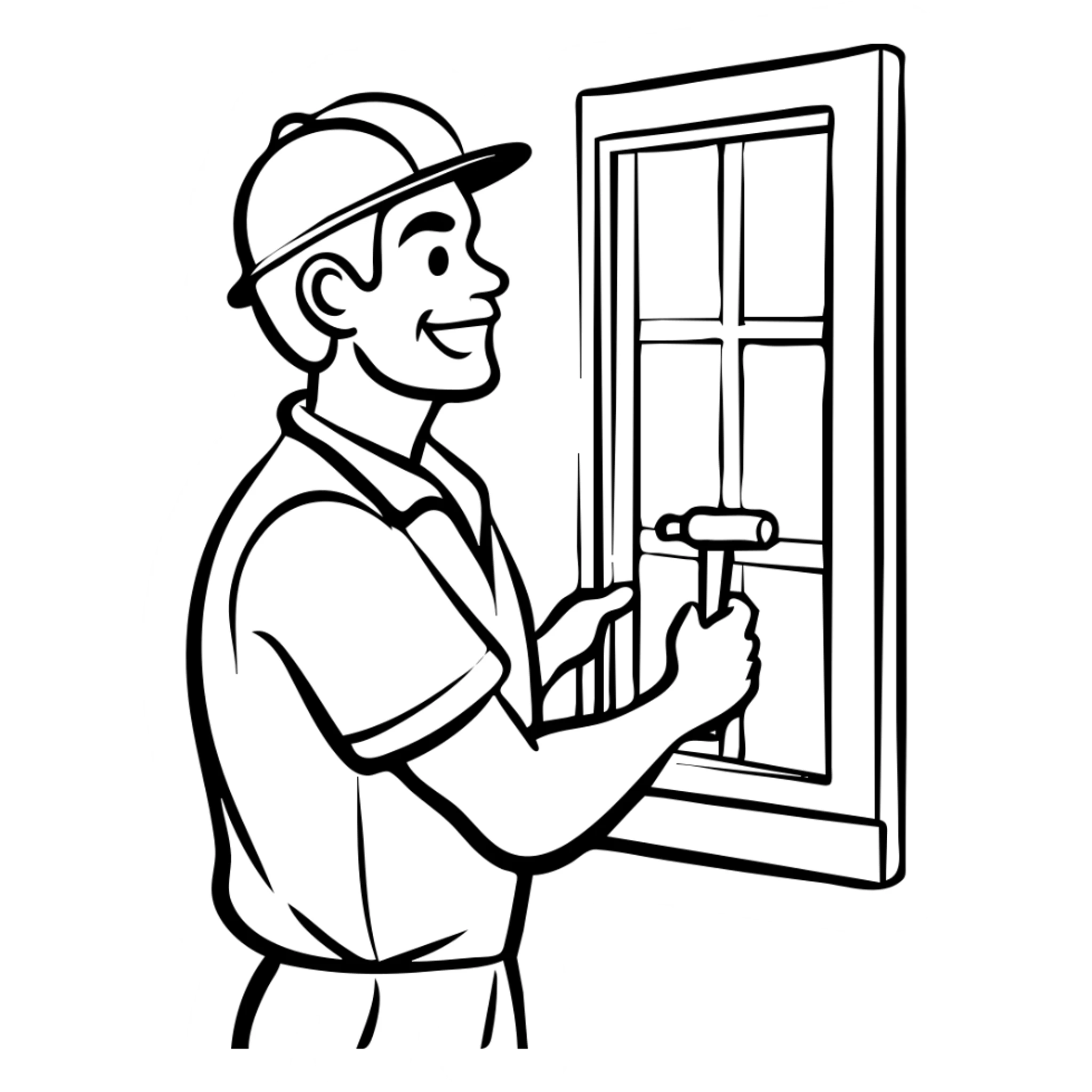 Window repair craftsman smiling while holding a small rubber mallet in his hand, looking at window he's fixing sticker