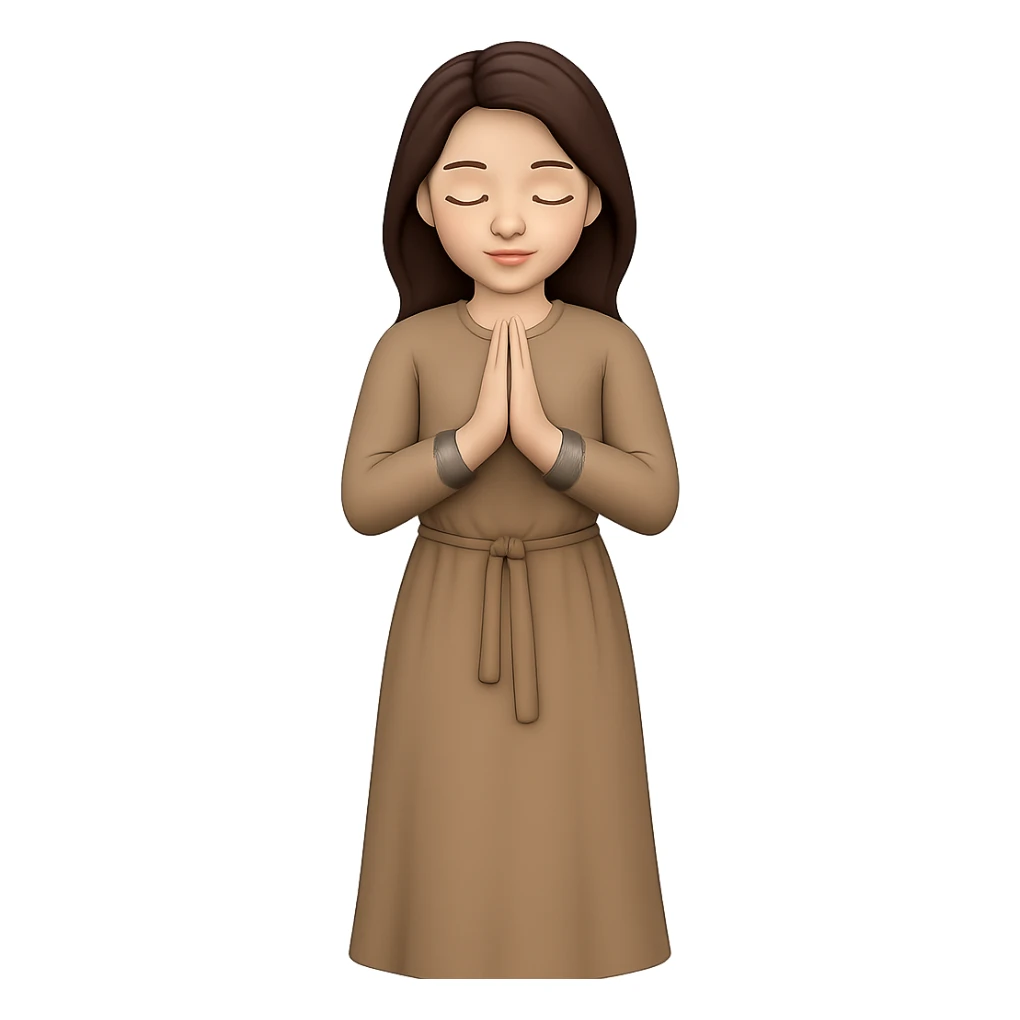 Create a third variation of a woman standing and praying from the front view, wearing a long tan dress, with dark brown hair, matching the body figure of the reference image. The style should emulate emoji style. Remove the background. sticker