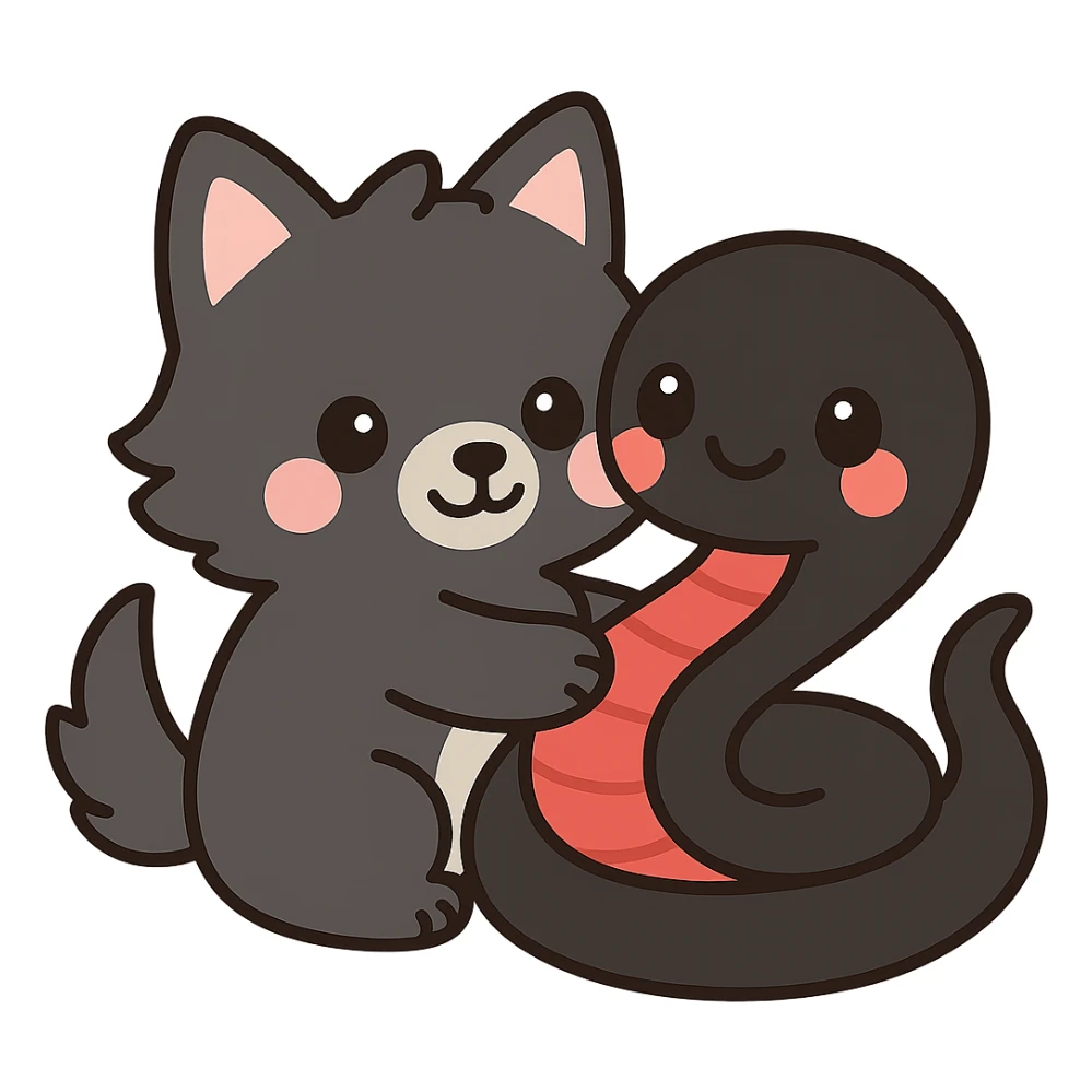 Make the snake larger, with a black body and red underbelly. The snake should be hugging the wolf back. Keep the kawaii style and ensure the background remains transparent. sticker