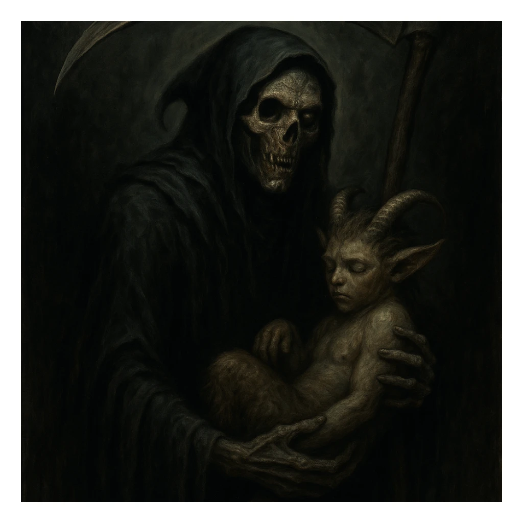 A dark grim reaper, left hand holding a faun, face is half skeleton, half zombie, horror fantasy style. sticker