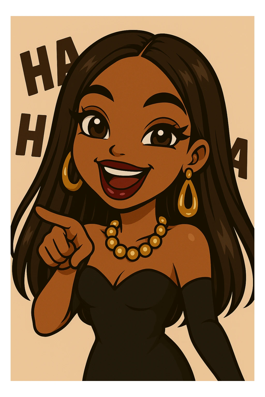 Keep her pointing and laughing with 'ha ha ha' in the background, headshot only, 20-year-old anime Bratz style woman with dark skin, straight hair, more trendy outfit, big expressive eyes, glossy lips, no hat, no tears, happy expression, looking straight ahead. The style should reflect anime Bratz aesthetics with vibrant colors and expressive features. sticker