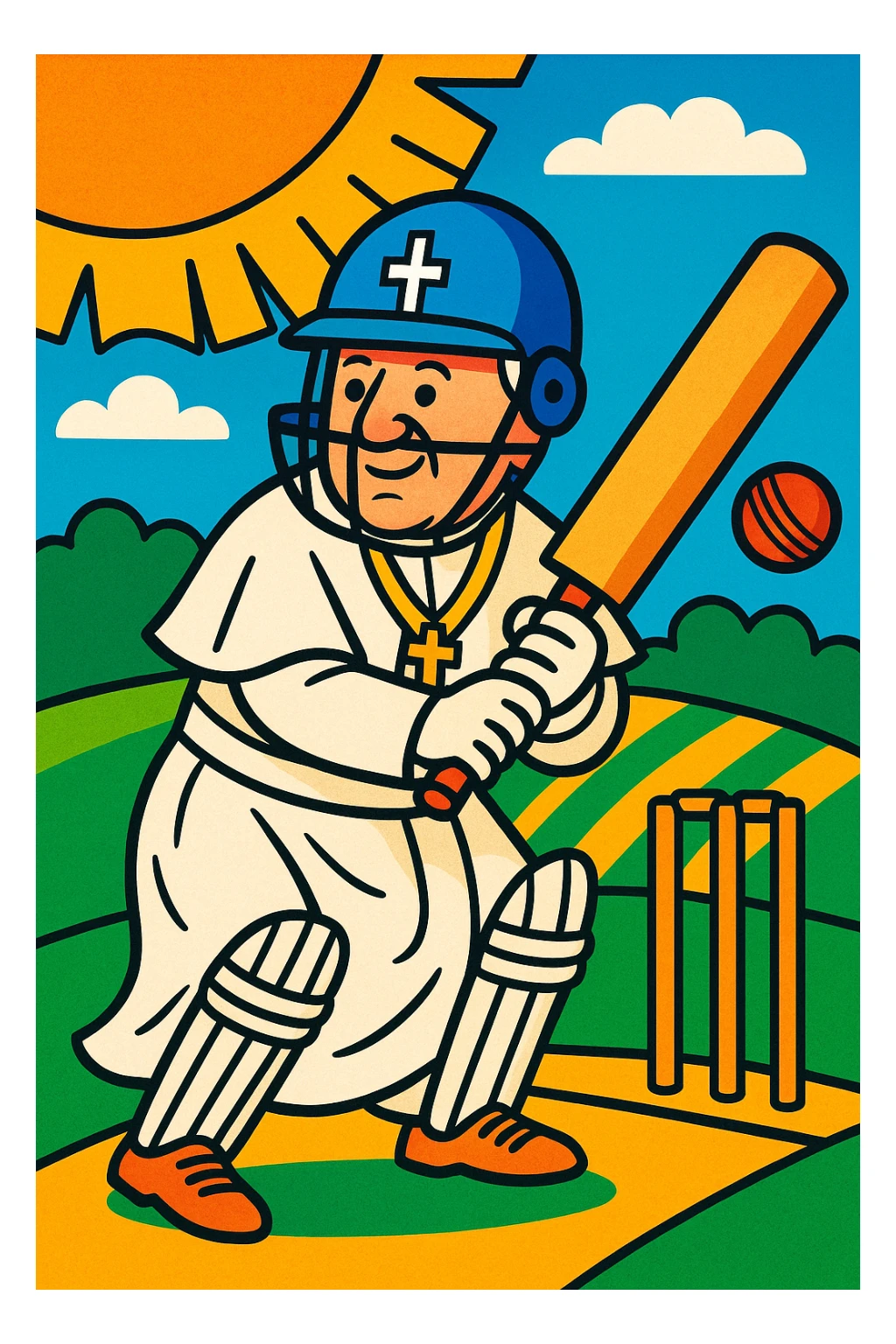 the pope as a cricket batsman, vibrant cartoon style sticker