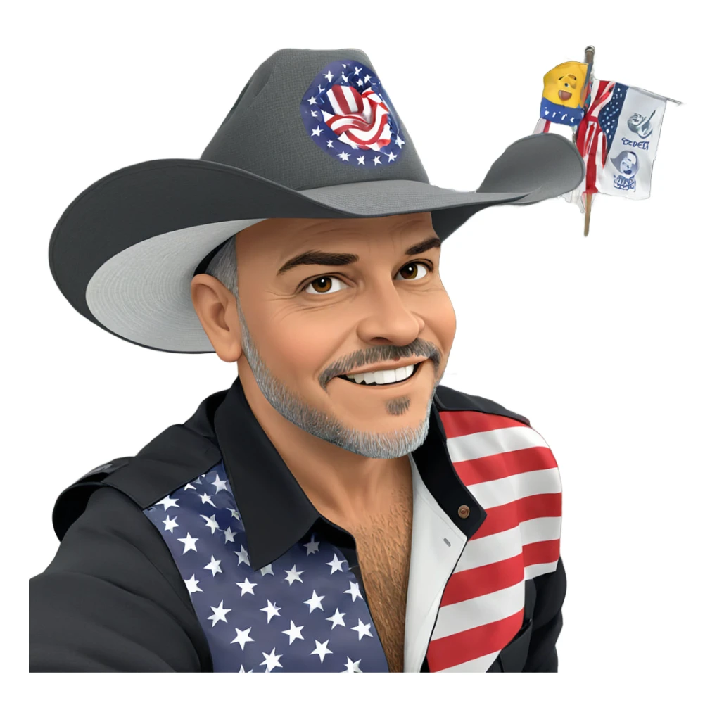 bearded boy in front of flag sticker