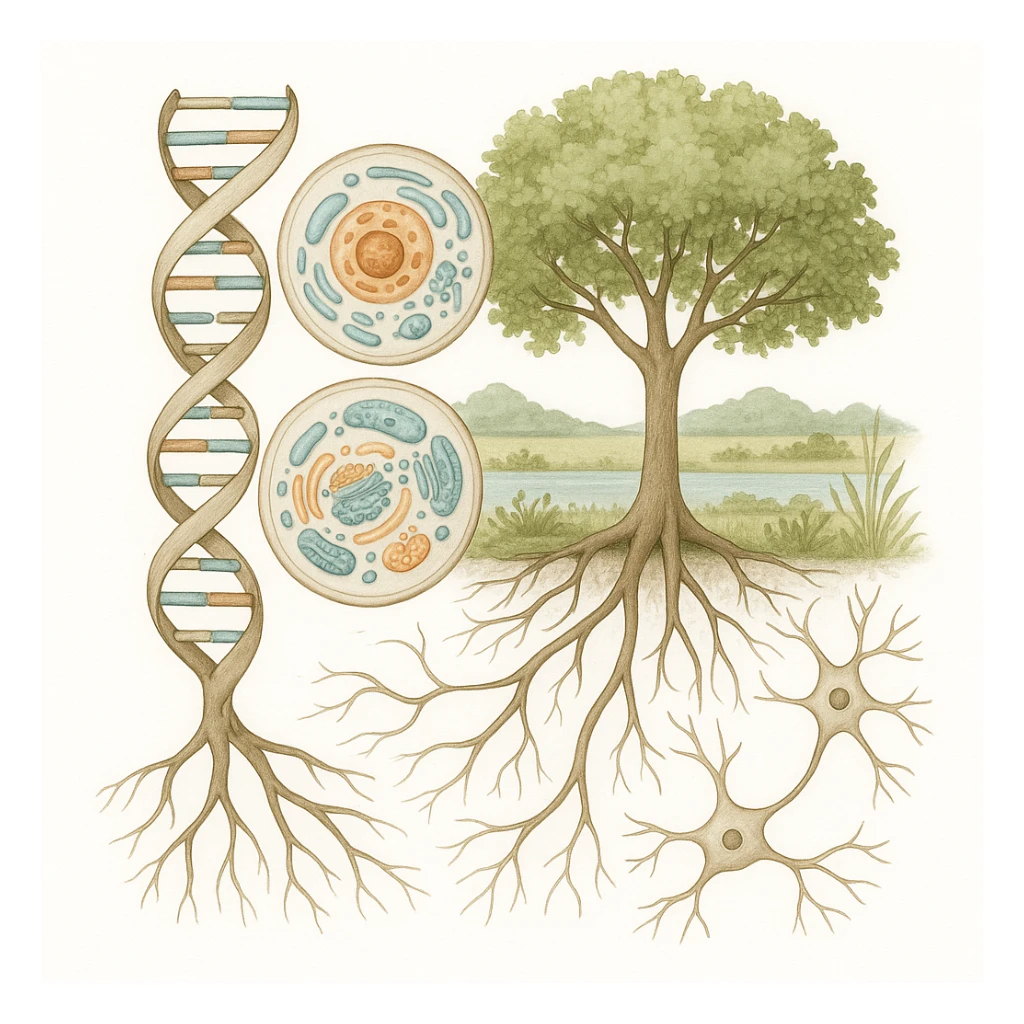 A realistic biological illustration (like in a school book) showing: DNA strands transitioning into a tree, cells with visible organelles, neurons connected to plant roots  and a balanced ecosystem background . Seamless integration, no labels or borders. Scientific color scheme, detailed but minimalist. please white background sticker
