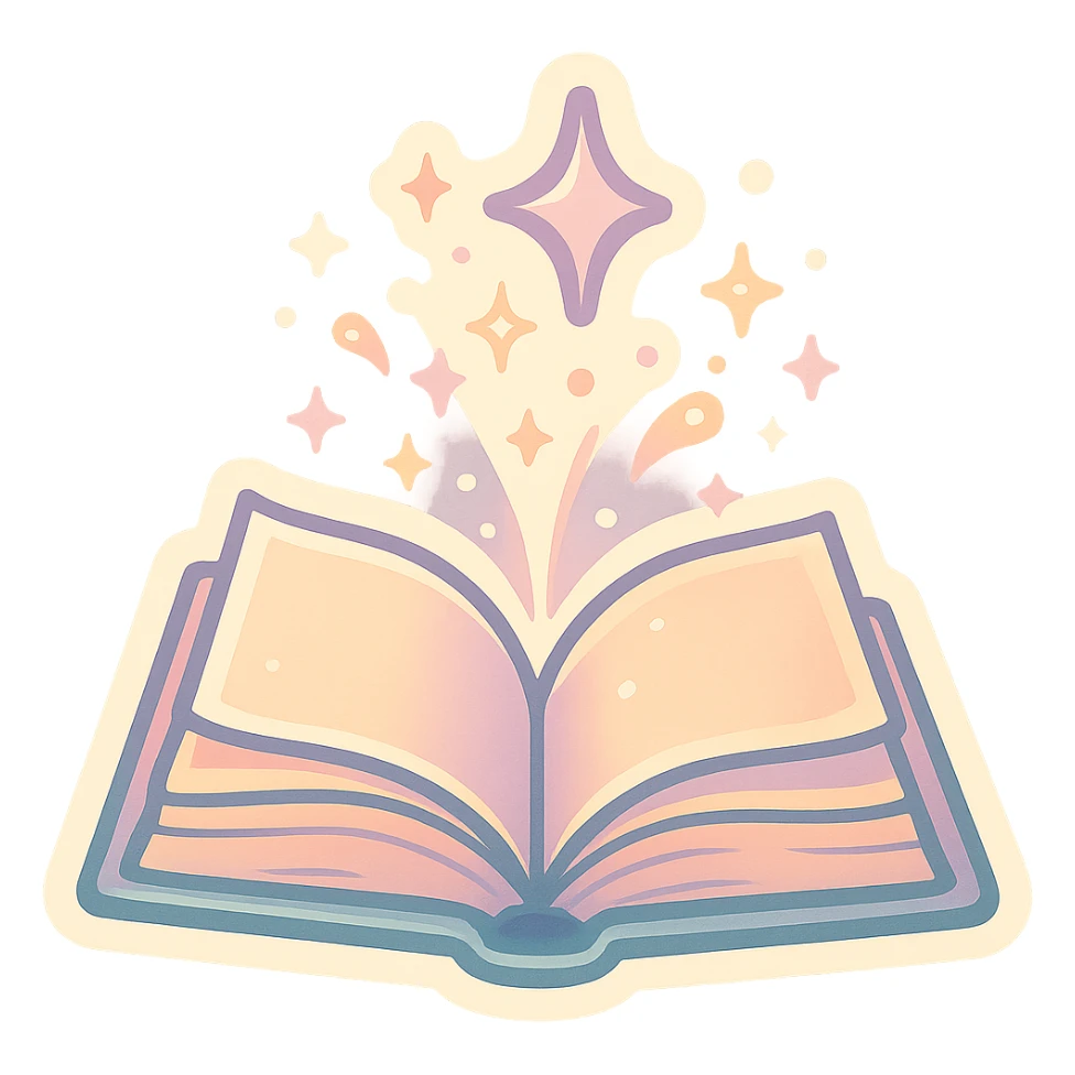 open book with magic, stars, glow, magical sparks, retro stickers style, pastel palette #98B5BC, #B5B3C1, #C9A3C9, #E4C0CA, #F7DCD1, #F7C0AA, detailed shadows and highlights, soft lighting, transparent background, no decorative elements sticker