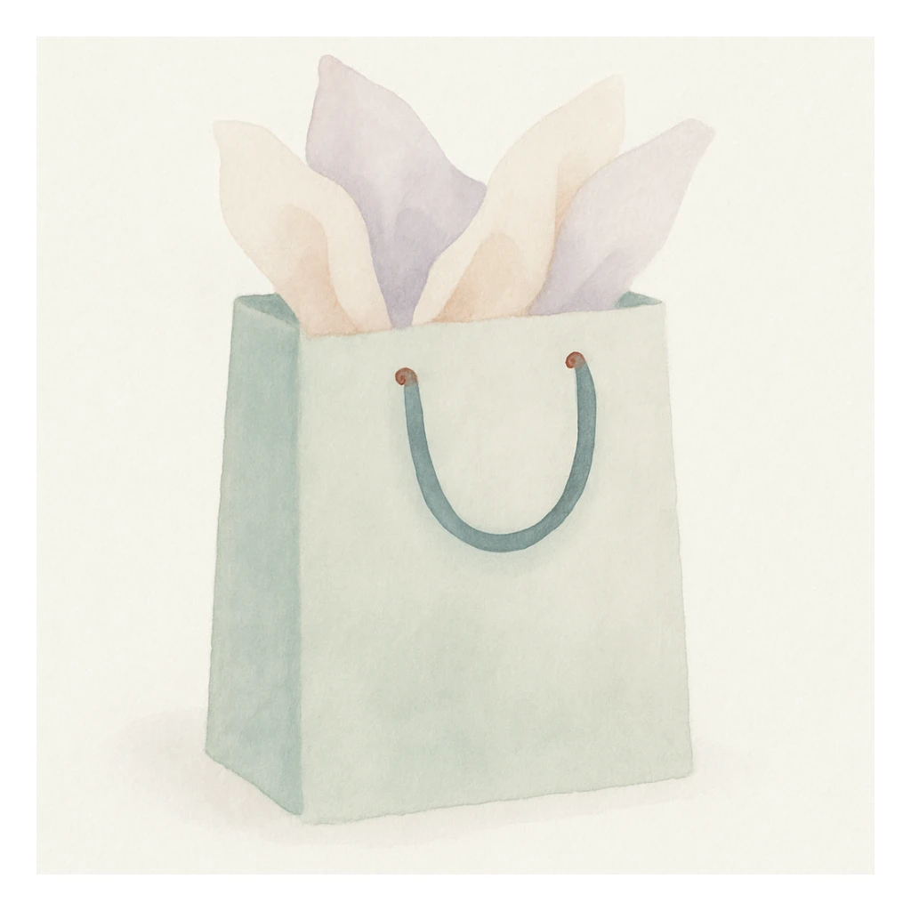 a gift bag with tissue paper in watercolor style sticker