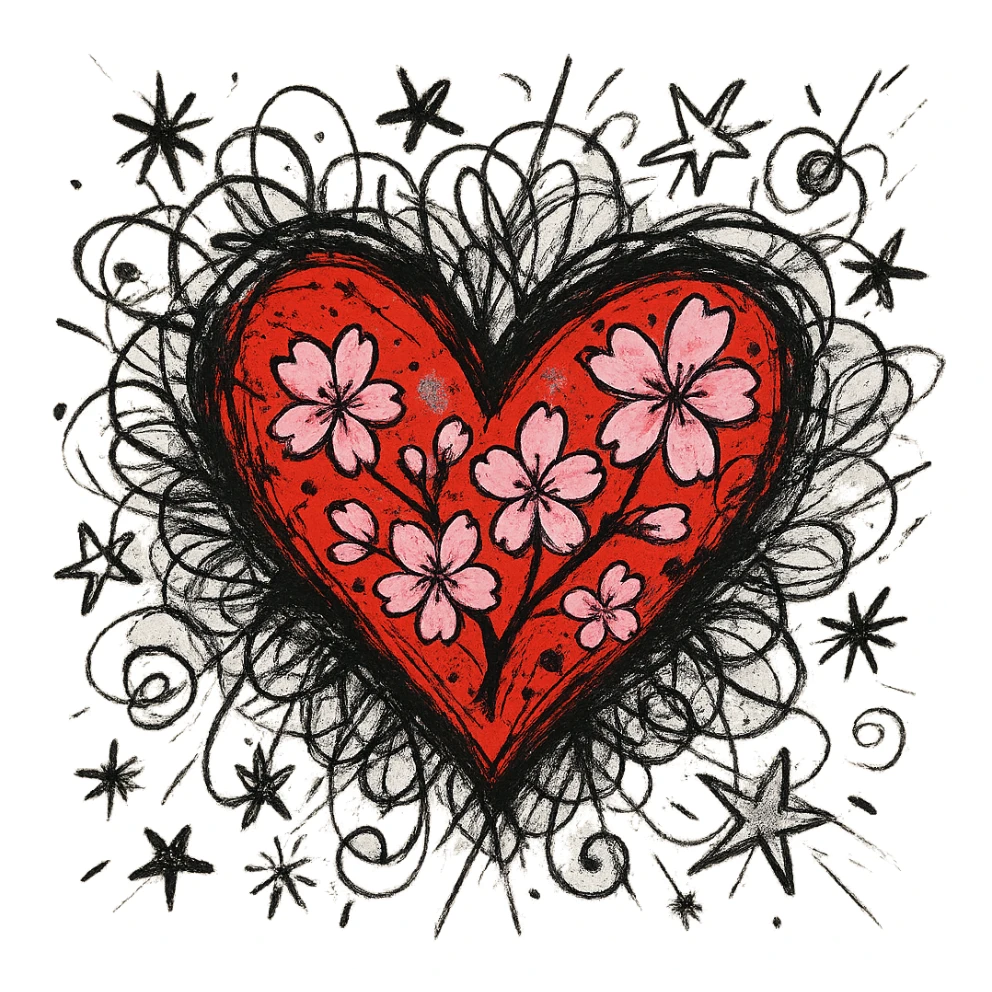 heart with sakura and silver accents, chaotic doodle style sticker