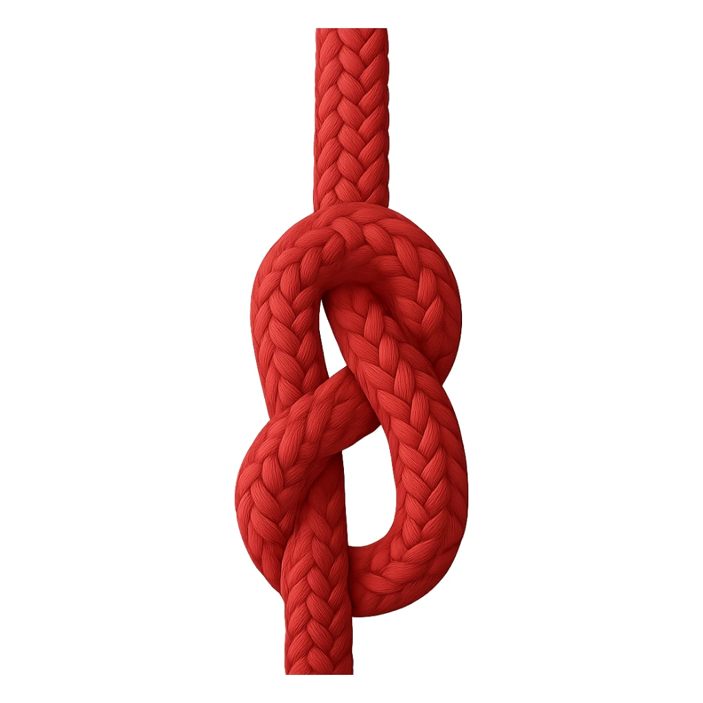 Create an apple-style emoji of a vertical red rope with a simple realistic knot in the middle. The knot should be clear and classic, not resembling a pretzel shape. The style should match the classic apple emoji look. The background should be transparent. sticker