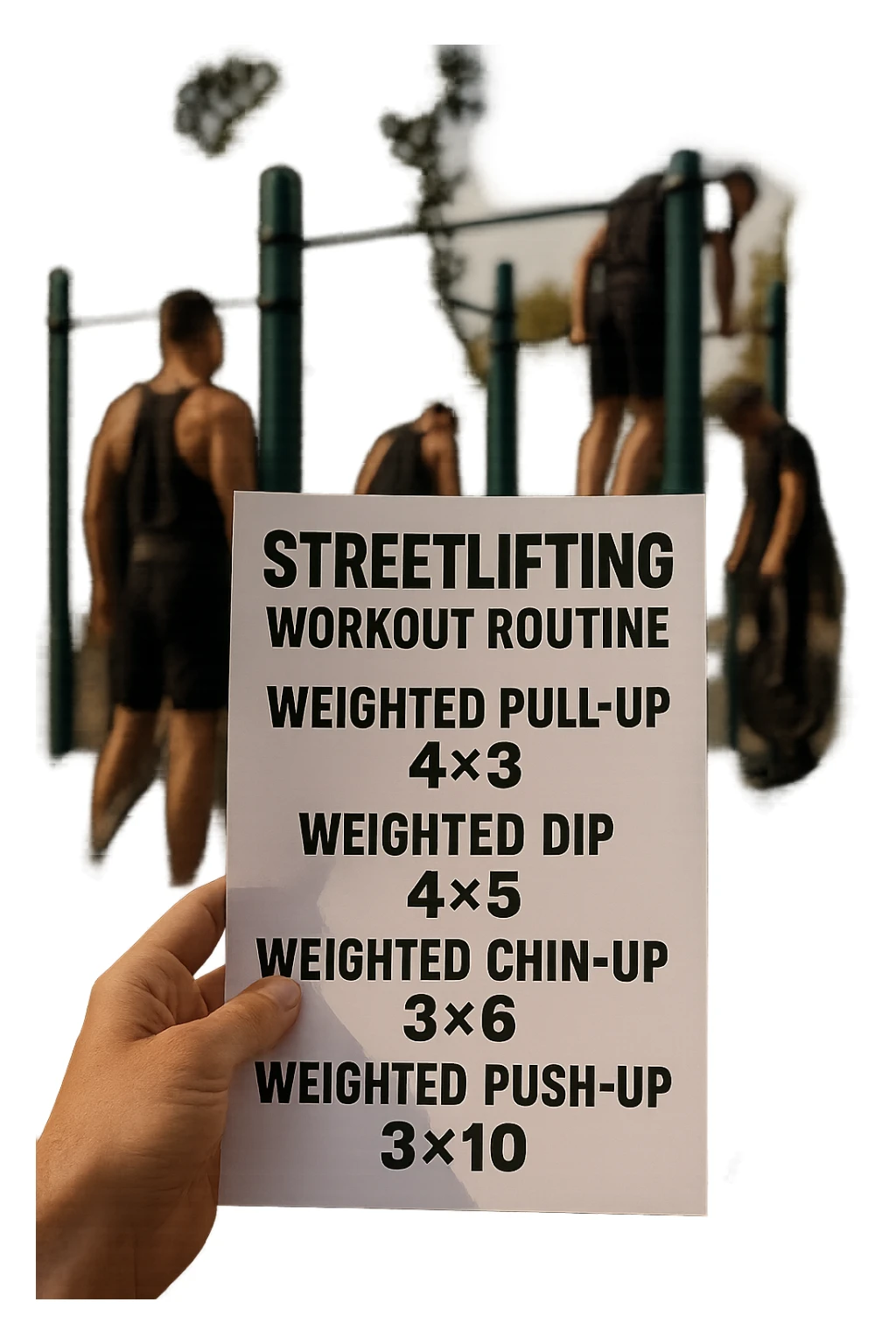a close-up of a hand holding a printed streetlifting workout routine, with the exercises and sets written in bold text. In the background, an outdoor gym with pull-up bars, dip stations, and athletes wearing weighted belts. The lighting is natural, and the mood is motivational. sticker