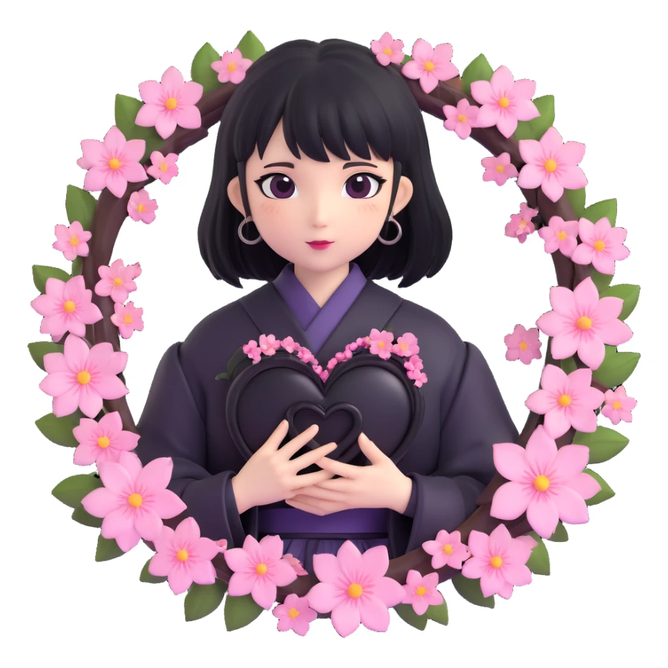 goth sakura heart, black heart with a ring of sakura blossoms, soft and romantic, no background sticker