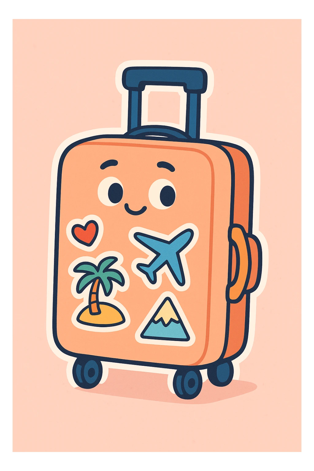 cartoon pastel rolling suitcase with travel stickers, bold clear outlines, flat colors, sharp graphic shadows and highlights, white sticker border, cute hand-drawn style sticker