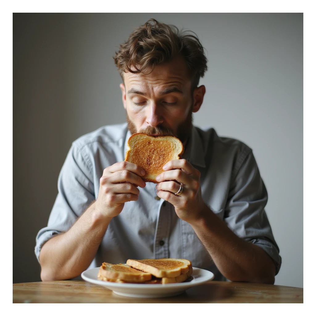 hyperrealistic 4K man isolated on white background having breakfast, eating a toast, natural pose, realistic details, variant 7 sticker