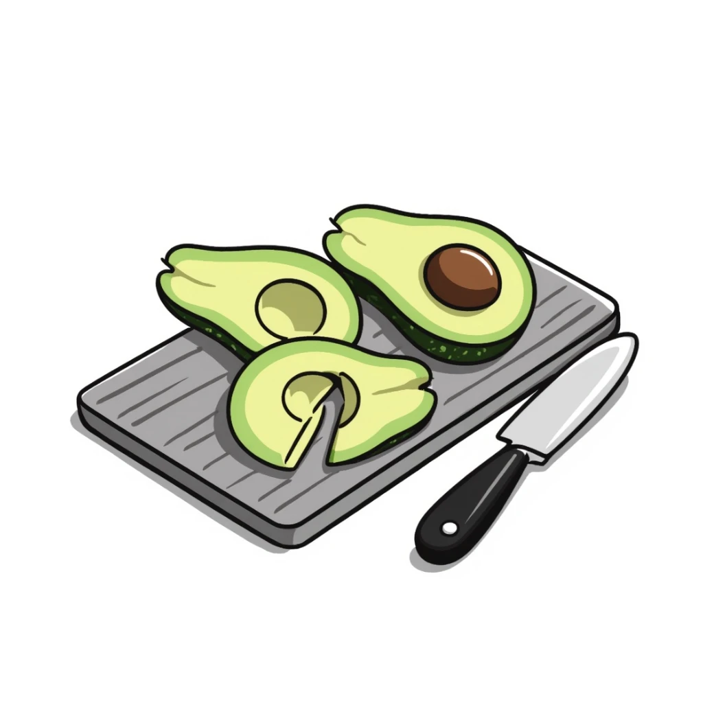 chopped avocados on a cutting board, hand drawn style, soft lines, green and brown colors, no text sticker