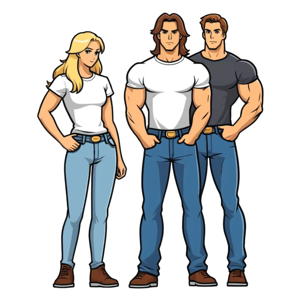 Take out the third leg Two people together, a 35 year-old tall muscular man with brown hair and a shorter blonde woman long hair also very good shape getting married next month. I don’t want them in wedding garb jeans and a T-shirt that show off their bodies would be best. sticker