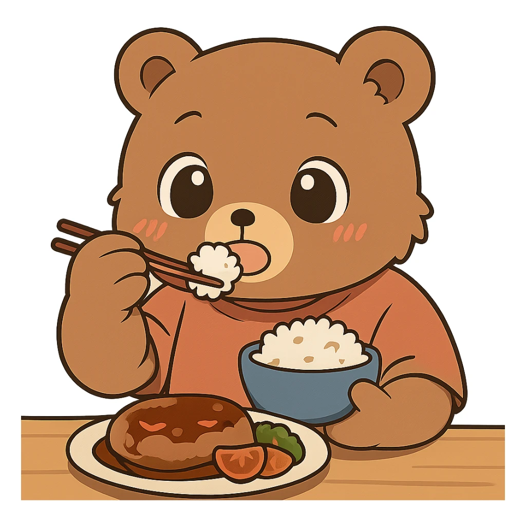 Make the anime style bear eating cuter by giving it bigger eyes and a rounder face. Keep no background. The style should remain anime-like. sticker