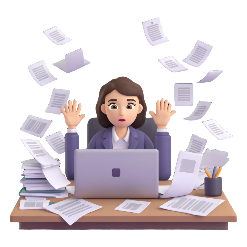 tired woman at a desk with a MacBook, surrounded by messy papers, emphasizing disorganization sticker