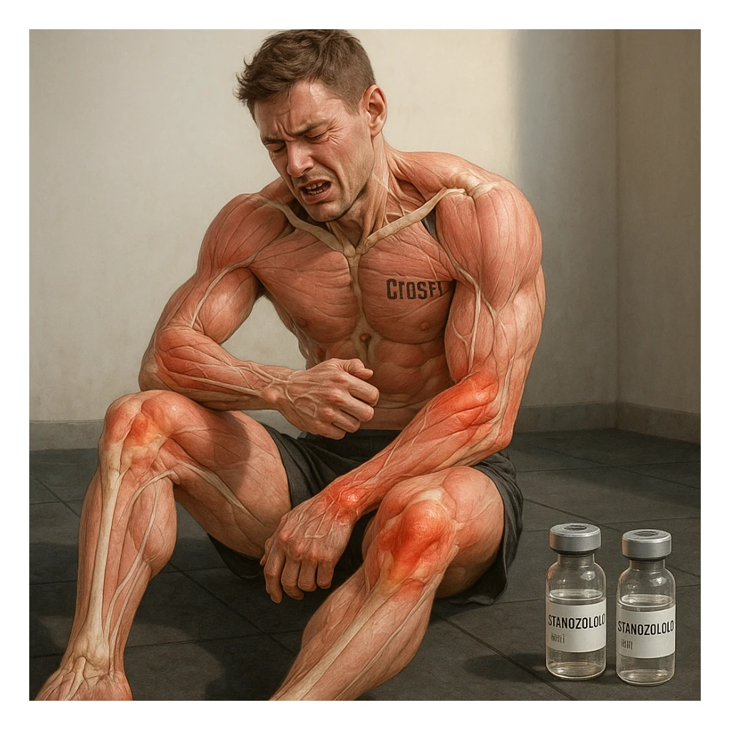 realistic anatomical image of a crossfit athlete showing widespread joint problems in shoulders, elbows, knees, wrists, with visible muscles and joints, painful expression, vials labeled 'Stanozololo' nearby, natural light, neutral background sticker