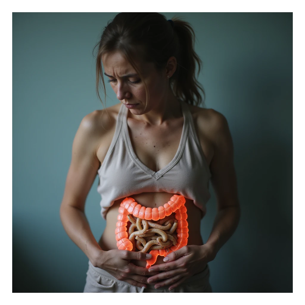 hyperrealistic 4K image of a visibly debilitated woman with intestinal parasitosis, holding her belly with hands, tired and suffering face, medical environment, translucent anatomical illustration with intestine infested by worms sticker