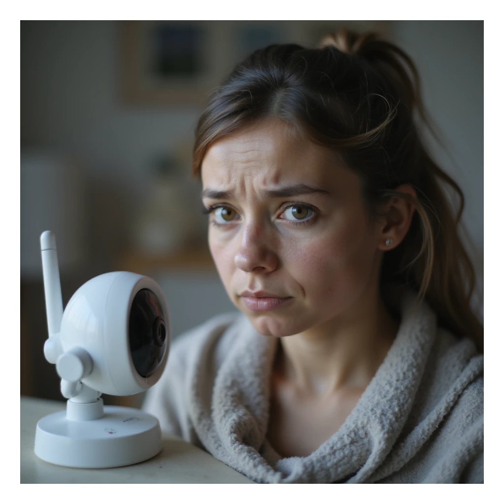 close-up hyperrealistic 4K image of new mother with dark circles, staring at baby monitor, anxious and tired, nursery background full of safety devices, detailed and safe atmosphere sticker
