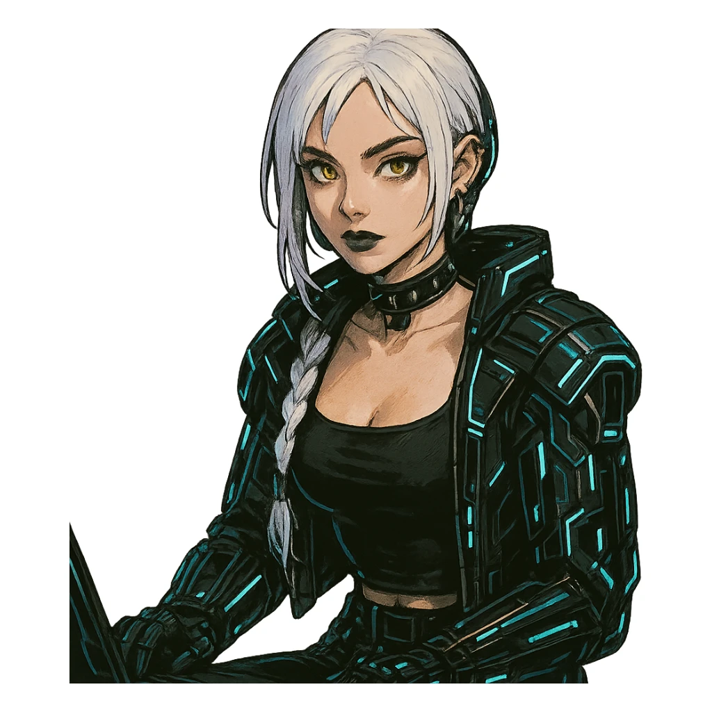  she is wearing armor, maximum power , except instead she's giving a victory salute, [[[except it's a black cat typing at a laptop]]], a closeup portrait of young woman with gold yellow eyes, white hair, long braid, black off-shoulder top d-cup, punk gothic style, futuristic cyberwave cyberpunk, sitting position
 sticker