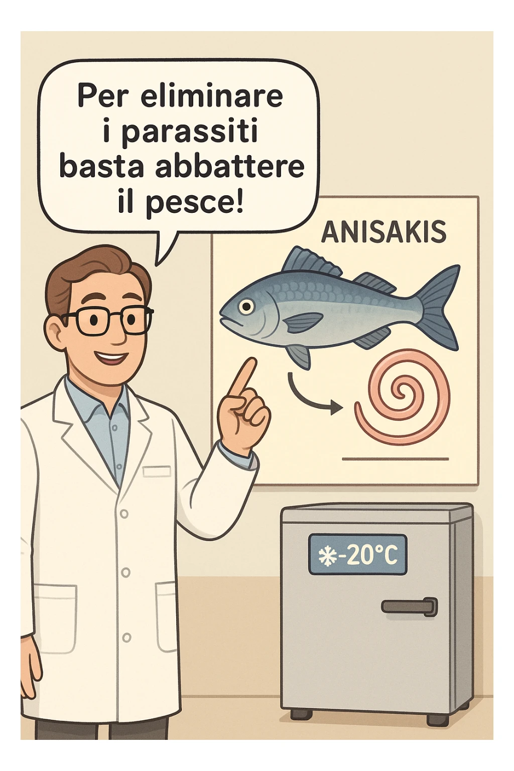  a scientist in a white lab coat stands beside a large poster showing a fish and a diagram of the Anisakis parasite. The scientist points to a speech bubble that says, “Per eliminare i parassiti basta abbattere il pesce!” In the background, a blast freezer is visible, with a temperature gauge set to -20°C. The mood is informative and reassuring. In italiano sticker