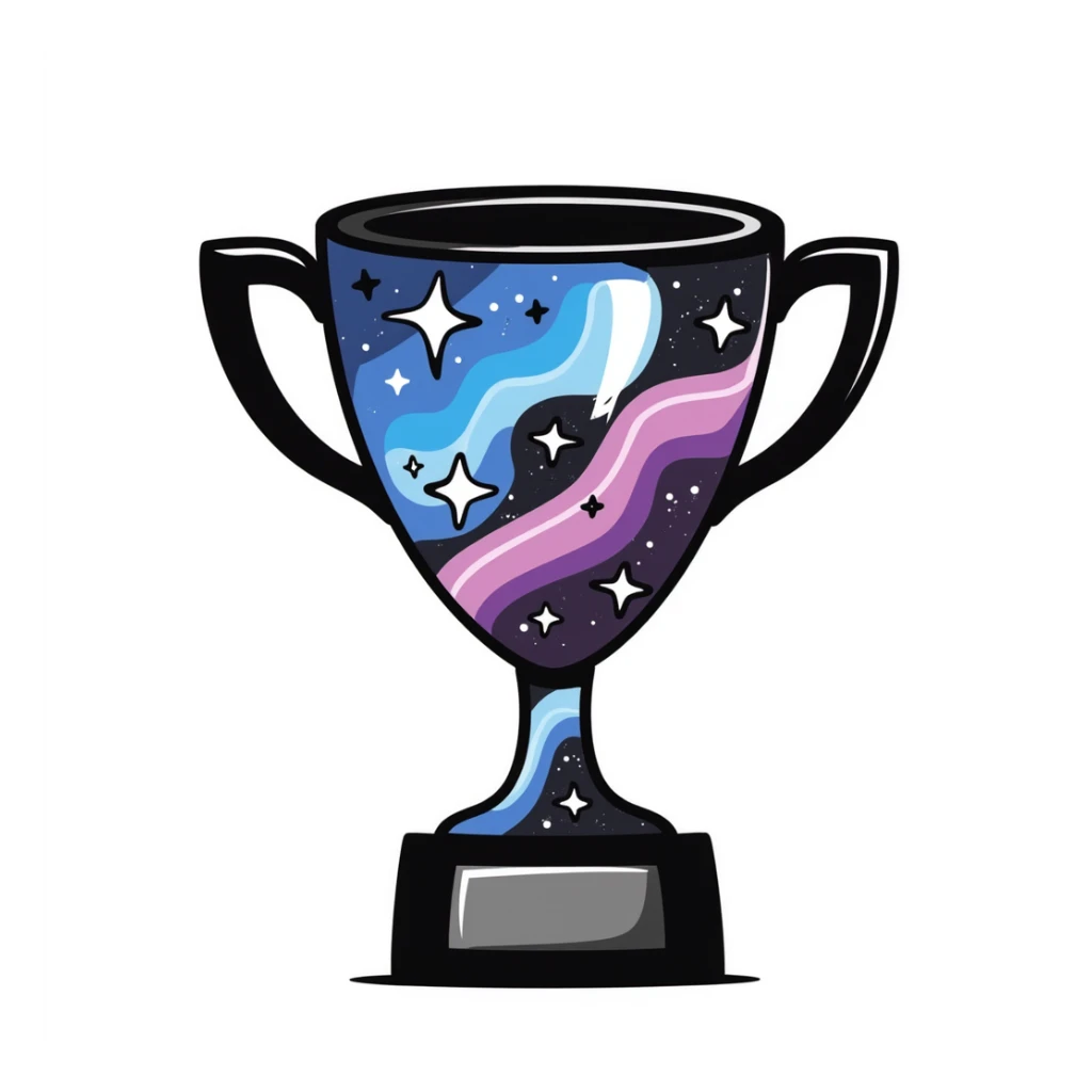 An alien trophy with universe-inspired colors, galactic swirls, and star details sticker
