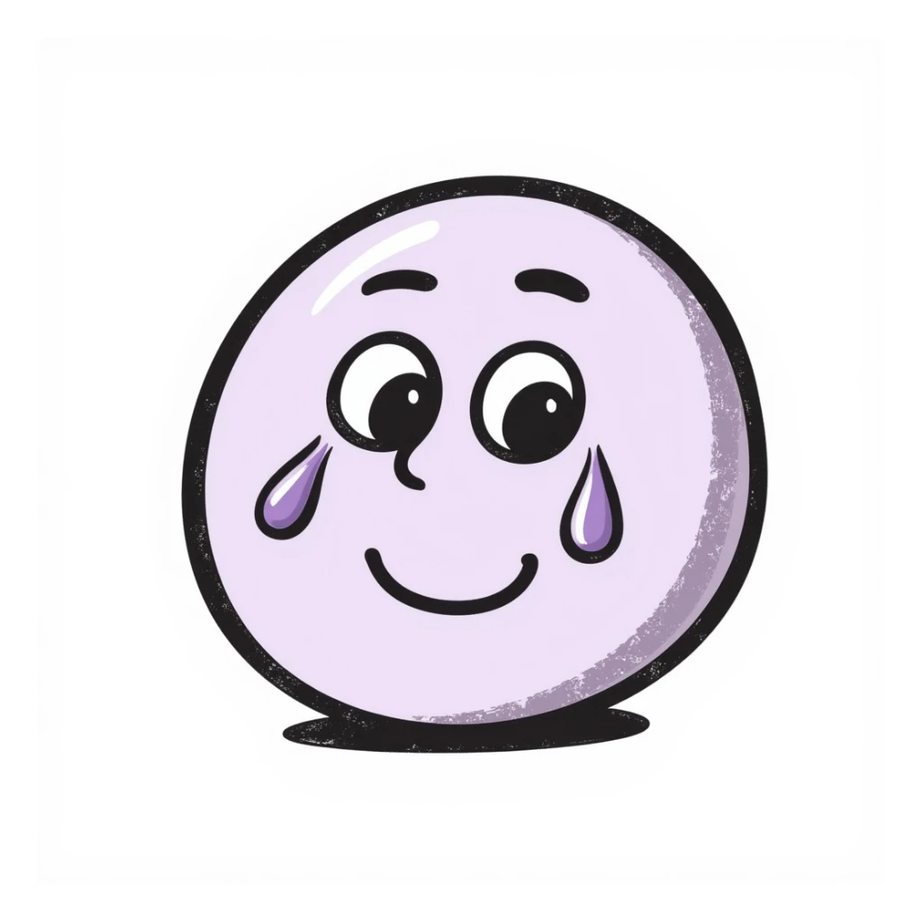 smiling face with tears emoji, hand-drawn chalk style, soft lilac color palette, rough doodle-like texture, looks like pastel chalk on a dark surface, aesthetic and emotional, suitable for Telegram channel sticker