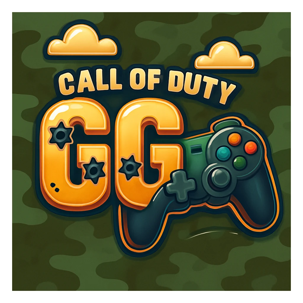 Add a video game controller to the Call of Duty GG emote, maintaining the metallic text, bullet holes, and camo background. sticker