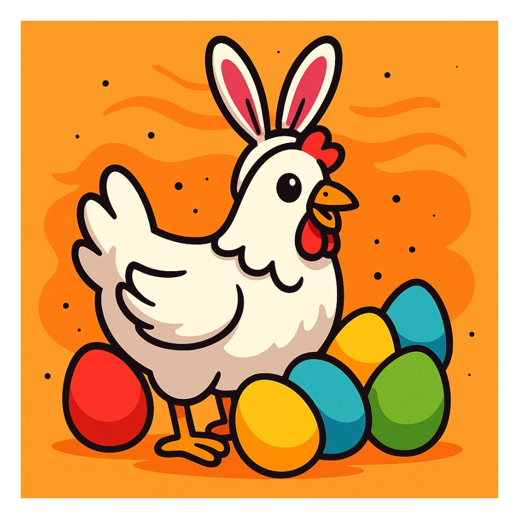 a white hen wearing pink bunny ears, surrounded by colourful eggs, cartoon style sticker