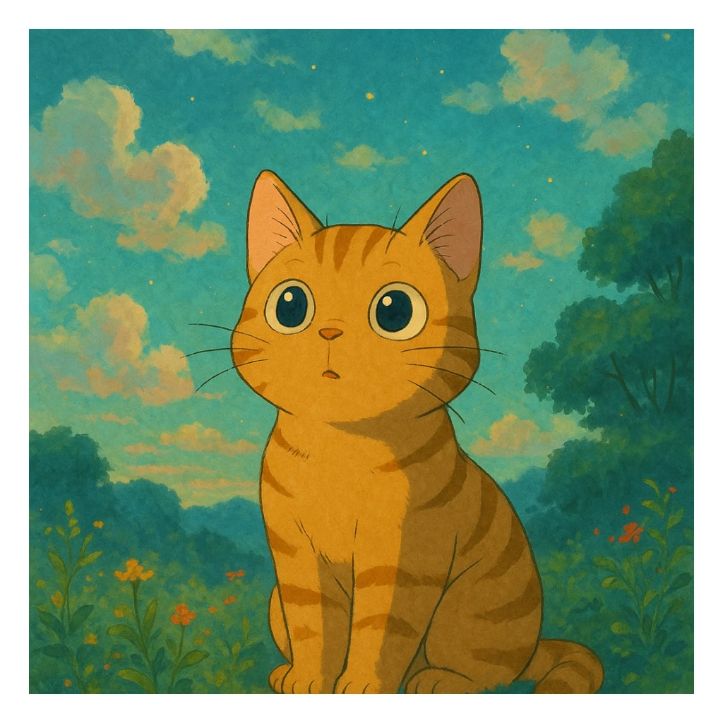 a curious cat with big eyes and a dreamy background in Ghibli style sticker