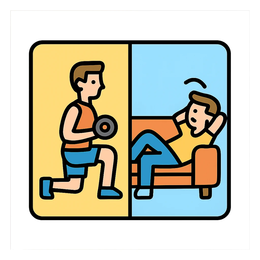 a picture devided into two parts, the first part shows a sportsman doing his workout, the second show a sportsman being lazy sticker