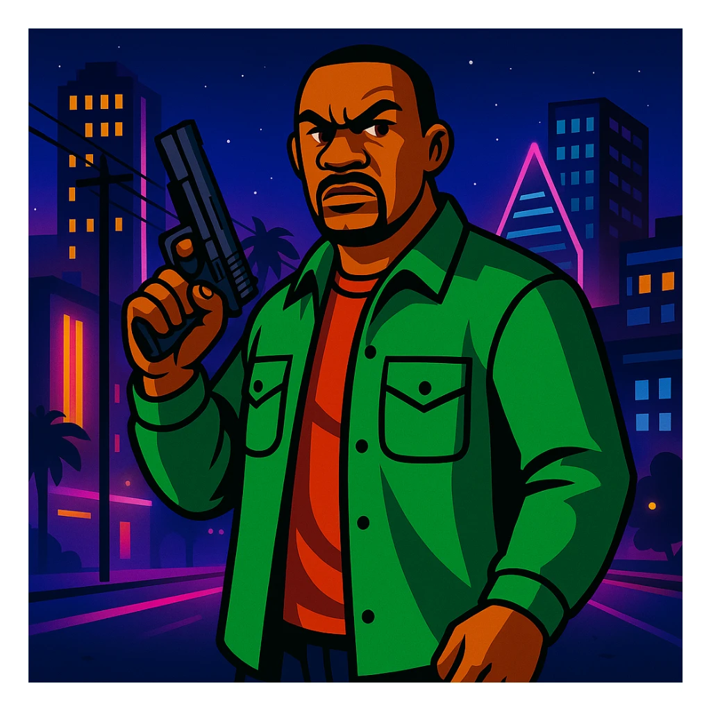 Change background to a vibrant night city, keep GTA character with gun in foreground. Maintain the original style and details of the character while updating the background to a vibrant night cityscape. sticker